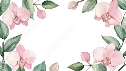 Blooming Orchids with Green Leaves and Water Theme, white background