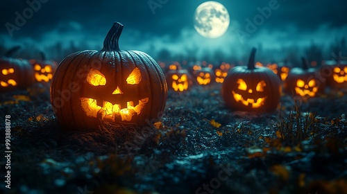 A haunted pumpkin patch at midnight, jack-o'-lanterns glowing with flickering light, casting eerie shadows under a pale full moon. Mist moves through the field, creating an ominous and spooky vibe.