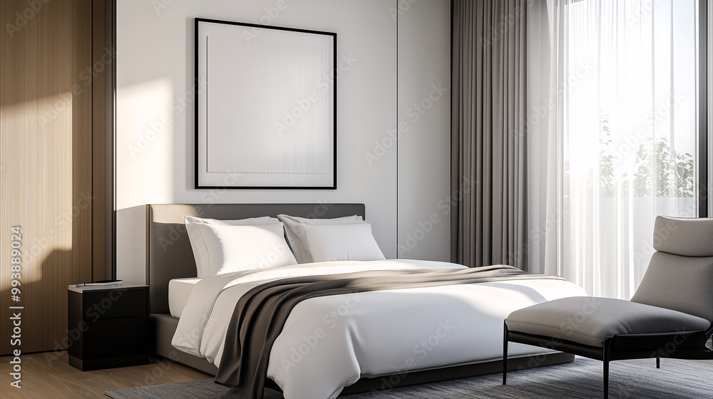 Minimalist bedroom with muted tones and a statement piece of wall art, framed in sleek black, adding contrast and visual interest to the room Minimalist bedroom with muted tones and a statement piece of wall art, framed in sleek black, adding contrast and visual interest to the room