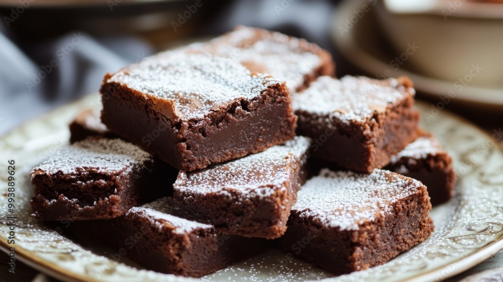 A stack of rich chocolate brownies dusted with powdered sugar, with a warm, gooey center peeking out from one of the sliced pieces on a dessert plate. A stack of rich chocolate brownies dusted with powdered sugar, with a warm, gooey center peeking out from one of the sliced pieces on a dessert plate.
