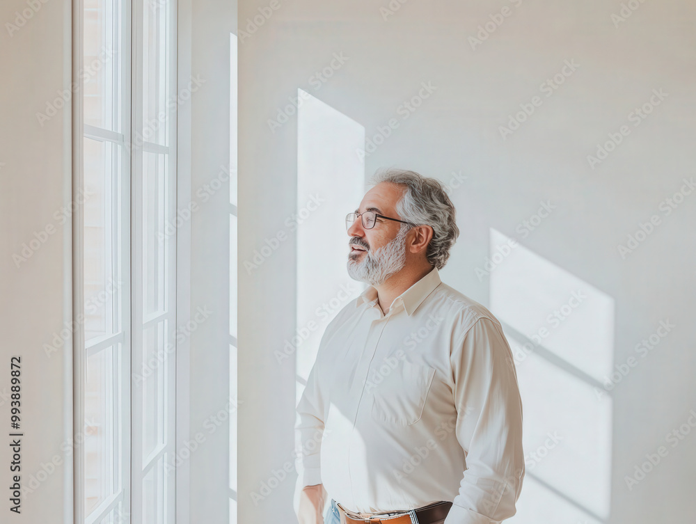 Fototapeta premium Thoughtful Latino Man in Bright Interior Space