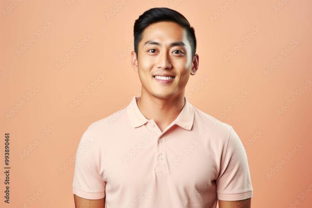 Portrait of a happy asian man in his 20s wearing a breathable golf polo in pastel or soft colors background Portrait of a happy asian man in his 20s wearing a breathable golf polo in pastel or soft colors background