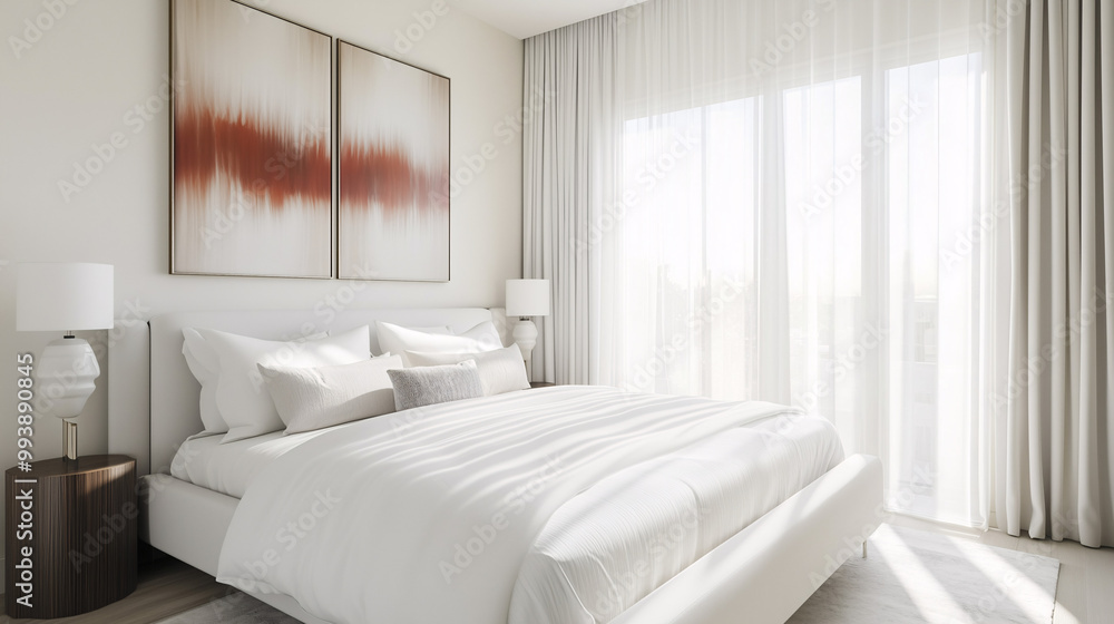 Minimalist bedroom with white bedding, clean lines, and large abstract artwork above the bed. Soft natural light filters through sheer curtains Minimalist bedroom with white bedding, clean lines, and large abstract artwork above the bed. Soft natural light filters through sheer curtains