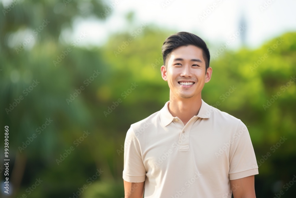 Portrait of a happy asian man in his 20s wearing a breathable golf polo while standing against pastel or soft colors background Portrait of a happy asian man in his 20s wearing a breathable golf polo while standing against pastel or soft colors background