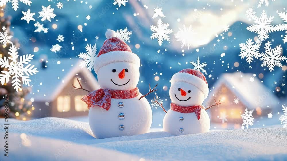 A cute smiling snowmen with a Christmas tree and house on a background. A cute smiling snowmen with a Christmas tree and house on a background.