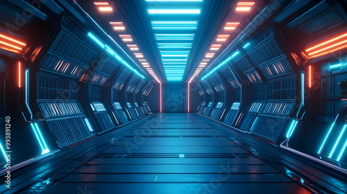 3D Futuristic Sci-Fi Corridor With Neon Lights