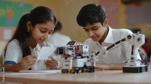 two modern small indian students doing a robotic project. the students must wear white shirt, in classroom photo