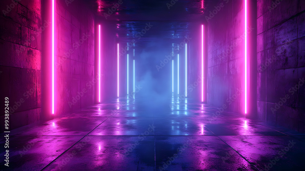 Neon Lights in Dark Hallway - 3D Illustration Neon Lights in Dark Hallway - 3D Illustration