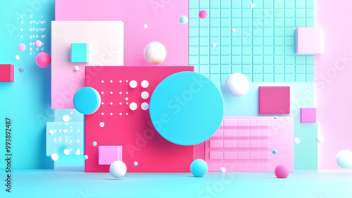 A vibrant composition featuring geometric shapes in pastel colors, creating a modern, playful design aesthetic.