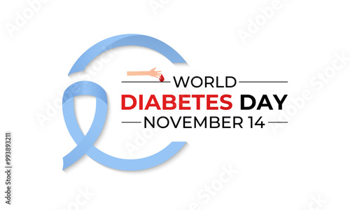 World Diabetes Day. Diabetes celebrated every year on November 14.Realistic ribbon with hand and blood. Vector illustration. Banner poster and background design template.