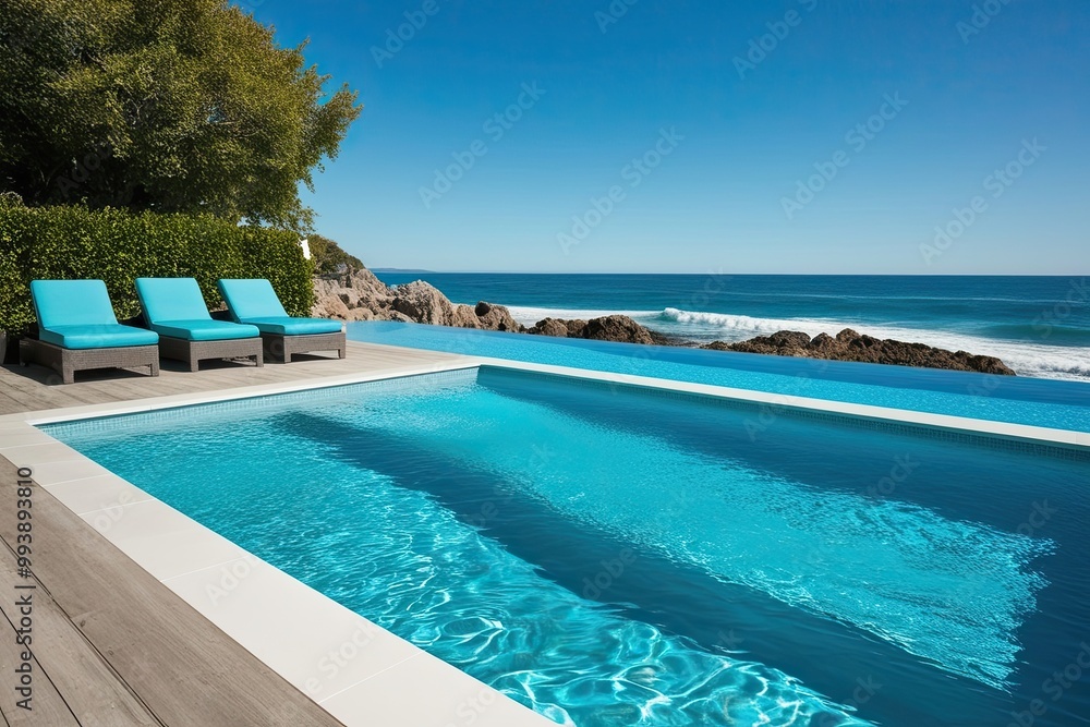 Stunning Coastal Pool Art with Turquoise Waves and Bright Blue Sky