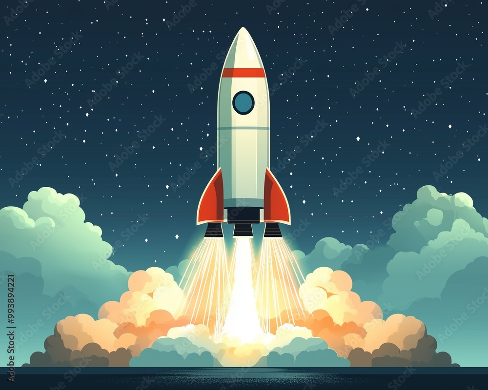 Fototapeta premium A vibrant illustration of a rocket launching into the starry night sky, symbolizing exploration and adventure in outer space.