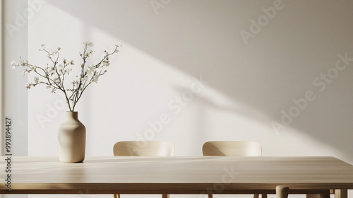 Minimalist dining space with neutral tones, simple wooden furniture, and a single vase with flowers. Clean, uncluttered, and bright