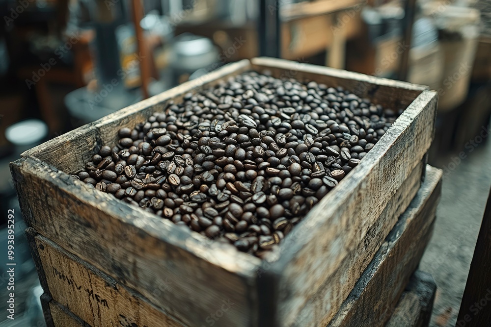 Roasted Coffee Beans in a Wooden Crate Roasted Coffee Beans in a Wooden Crate