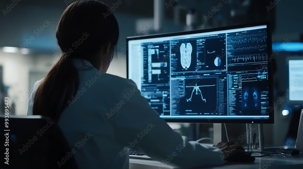 back view of Doctor using a computer to review patient data in a modern hospital, closeup, professional lighting back view of Doctor using a computer to review patient data in a modern hospital, closeup, professional lighting