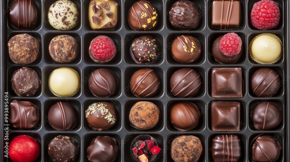 A variety of gourmet chocolates arranged neatly in a gift box, featuring different textures and designs, from truffles to pralines, ready to be enjoyed. A variety of gourmet chocolates arranged neatly in a gift box, featuring different textures and designs, from truffles to pralines, ready to be enjoyed.