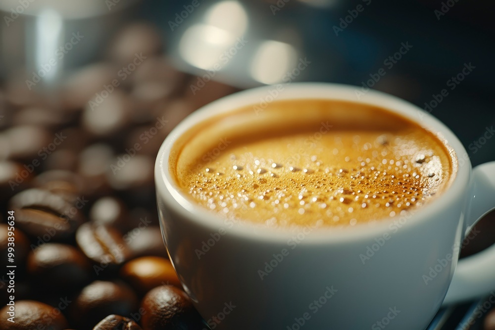 Close-up of a White Cup of Coffee with Crema and Coffee Beans in the Background Close-up of a White Cup of Coffee with Crema and Coffee Beans in the Background