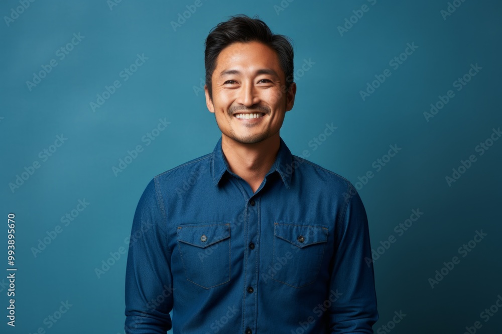 Portrait of a smiling asian man in his 30s sporting a versatile denim shirt isolated in minimalist or empty room background Portrait of a smiling asian man in his 30s sporting a versatile denim shirt isolated in minimalist or empty room background