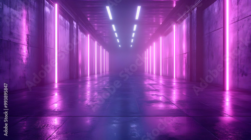 Wallpaper Mural 3D Rendering of a Futuristic Hallway with Neon Lights Torontodigital.ca
