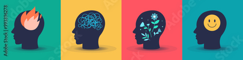 Humans head silhouette psycho therapy concept. Abstract minimal design about psychology. Mental health illustration set. Psychotherapy concept.