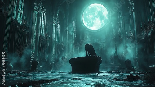 A vampire awakens in his lair, rising from a coffin inside a grand gothic castle, moonlight shining through towering windows, heavy curtains drawn, chandeliers casting ominous shadows.