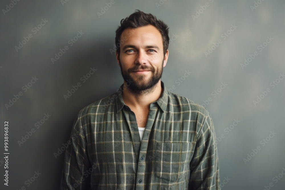 Fototapeta premium Portrait of a satisfied man in his 30s dressed in a relaxed flannel shirt in minimalist or empty room background