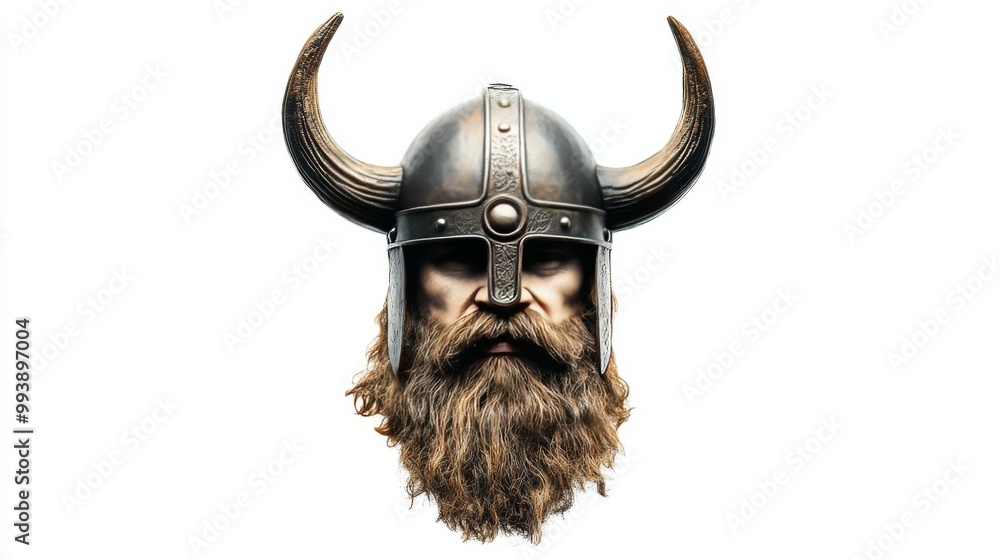 Fototapeta premium Bearded Viking head in a helmet with horns, isolated on white.