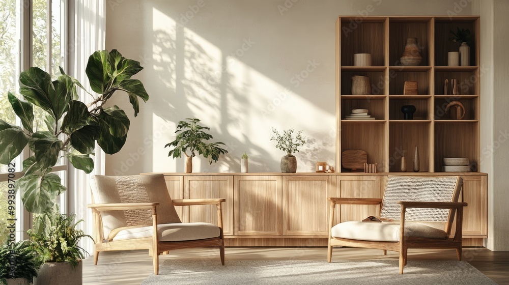Lounge chairs against window near wall with wooden shelving units and cabinet Scandinavian interior design of modern living room Lounge chairs against window near wall with wooden shelving units and cabinet Scandinavian interior design of modern living room