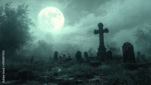 Haunting Graveyard Under a Full Moon Night Sky