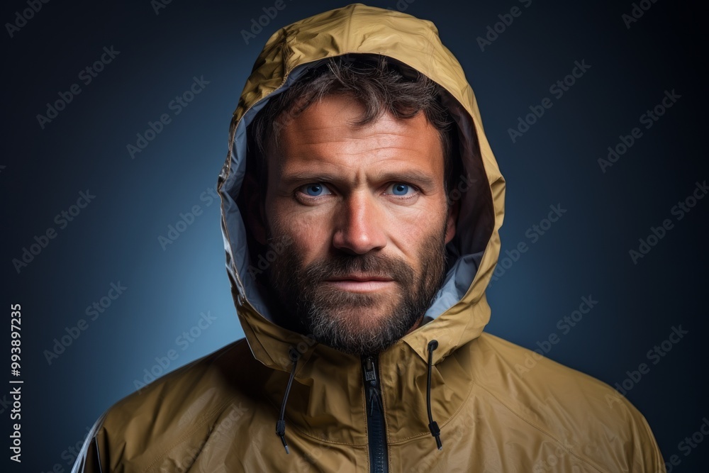 Portrait of a satisfied man in his 30s wearing a windproof softshell on minimalist or empty room background Portrait of a satisfied man in his 30s wearing a windproof softshell on minimalist or empty room background