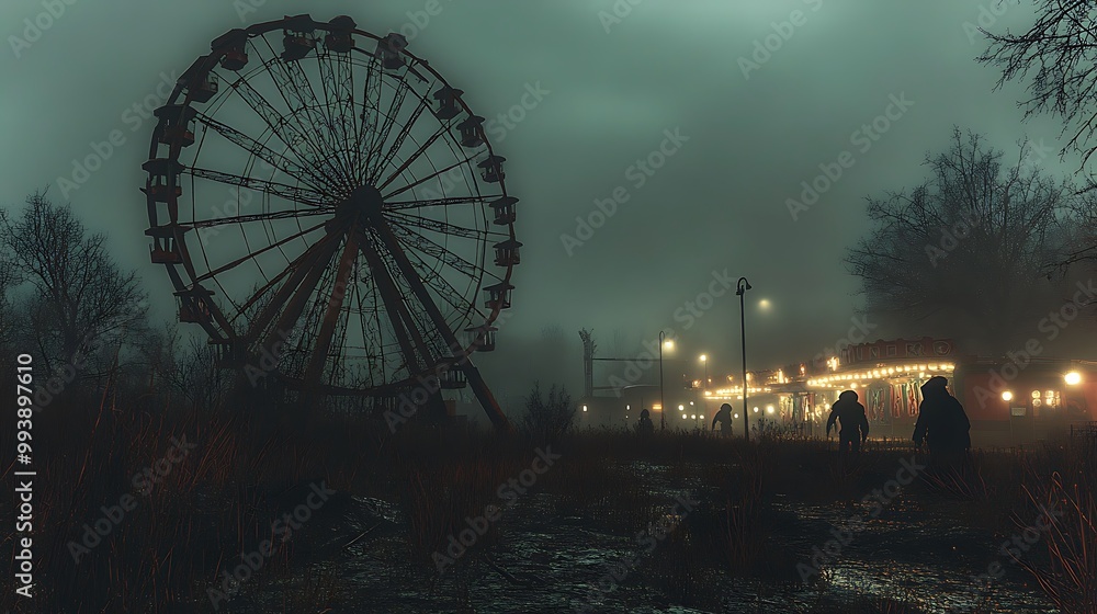 An abandoned carnival at night, with a rusted Ferris wheel, faded lights flickering, and eerie clowns hiding in the shadows. Fog rolls through the scene, creating a chilling and spooky atmosphere. An abandoned carnival at night, with a rusted Ferris wheel, faded lights flickering, and eerie clowns hiding in the shadows. Fog rolls through the scene, creating a chilling and spooky atmosphere.