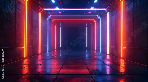 Neon Lights Corridor 3D Illustration