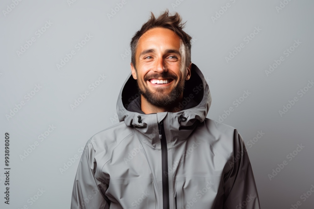 Portrait of a satisfied man in his 30s wearing a windproof softshell in front of minimalist or empty room background Portrait of a satisfied man in his 30s wearing a windproof softshell in front of minimalist or empty room background