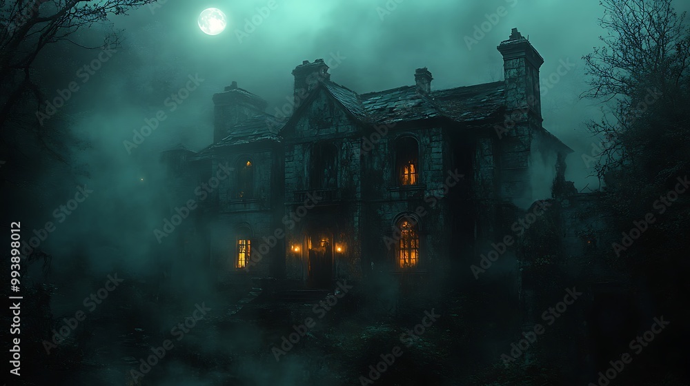 An abandoned mansion covered in mist, illuminated by a dim moon, with shadowy figures moving through broken windows and flickering candlelight casting haunting shadows. Gothic and eerie atmosphere, An abandoned mansion covered in mist, illuminated by a dim moon, with shadowy figures moving through broken windows and flickering candlelight casting haunting shadows. Gothic and eerie atmosphere,