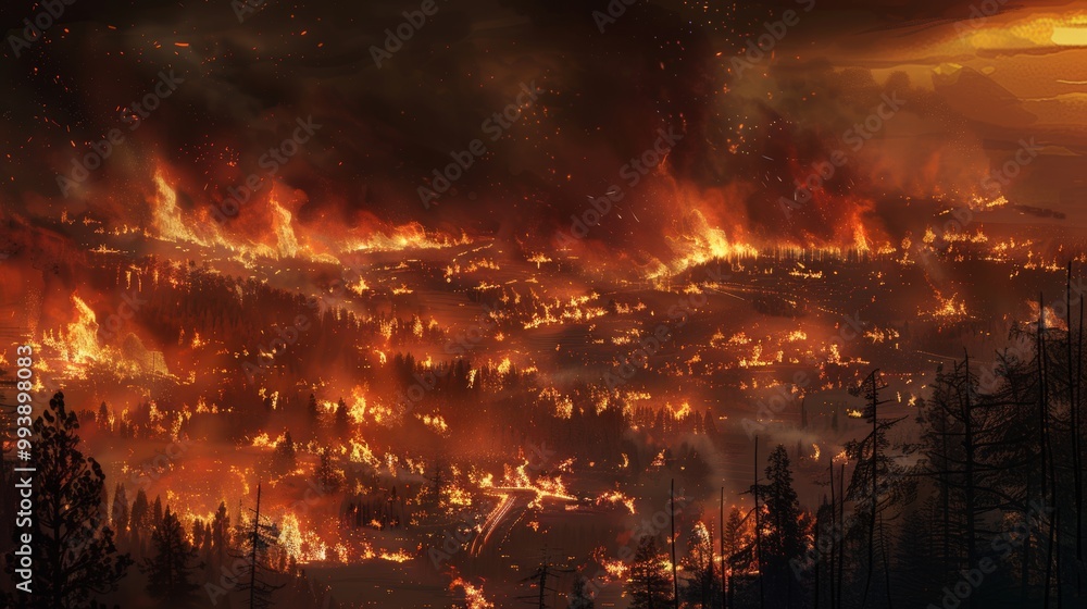 Fototapeta premium Intense Nighttime Wildfire Engulfing Forested Mountain Landscape with Fiery Glow and Billowing Smoke