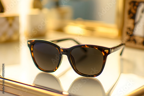 A sleek pair sunglasses with dark lenses rests elegantly on a reflective gold surface photo