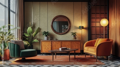 Mid-century furniture pieces in art deco style interior design of modern living room