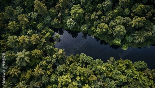 Overhead shot of tropical rainforest with winding rivers.