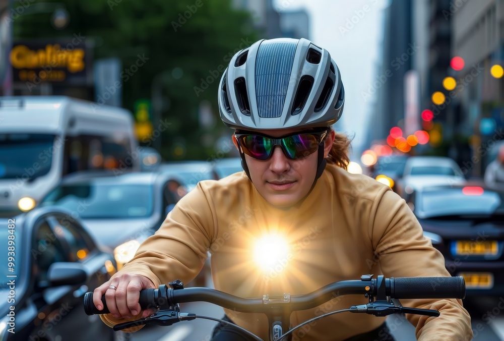 Cyclist with Solar Helmet. A cyclist rides in urban traffic wearing a helmet with solar panels, illuminated by a bright light on their chest. Cyclist with Solar Helmet. A cyclist rides in urban traffic wearing a helmet with solar panels, illuminated by a bright light on their chest.