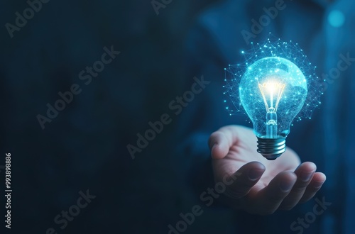 Businessman Holding Digital Lightbulb   Innovation  Creativity  Idea  Future  Technology
