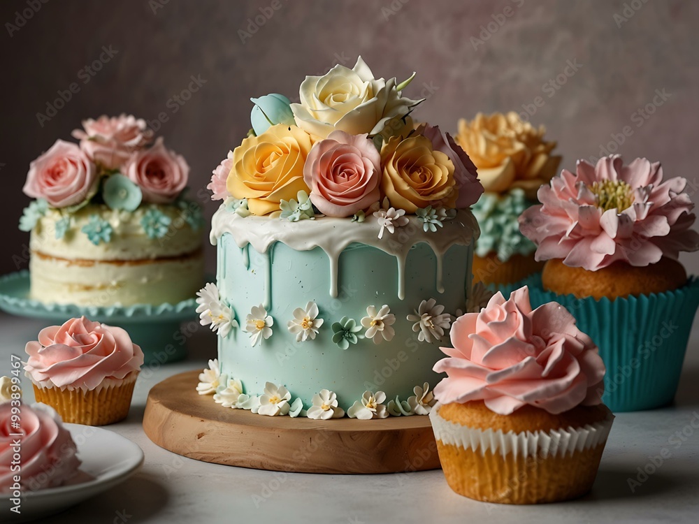Pastel-colored cakes overflowing with whipped cream and blooms. Pastel-colored cakes overflowing with whipped cream and blooms.