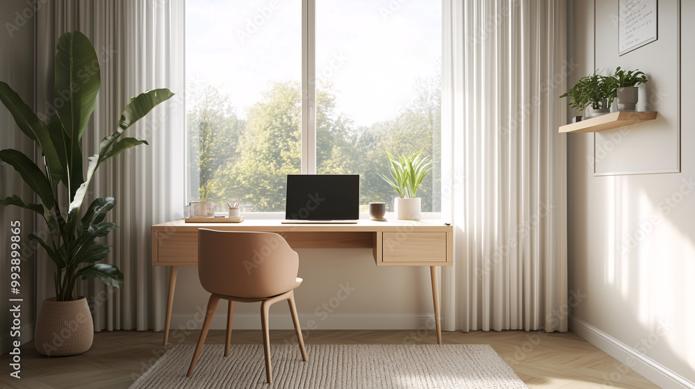 Fototapeta premium Minimalist home office with a desk against a large window, simple chair, laptop, and a few well-placed decor pieces. Focus on the contrast between clean lines and soft natural light