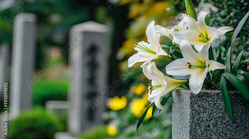 A white flower is on a stone pillar in front of a cemetery