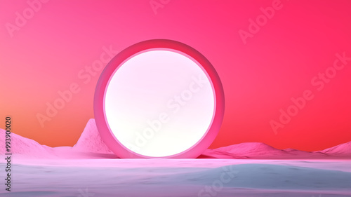 A surreal landscape featuring a glowing circular portal against a vibrant pink and orange gradient background.