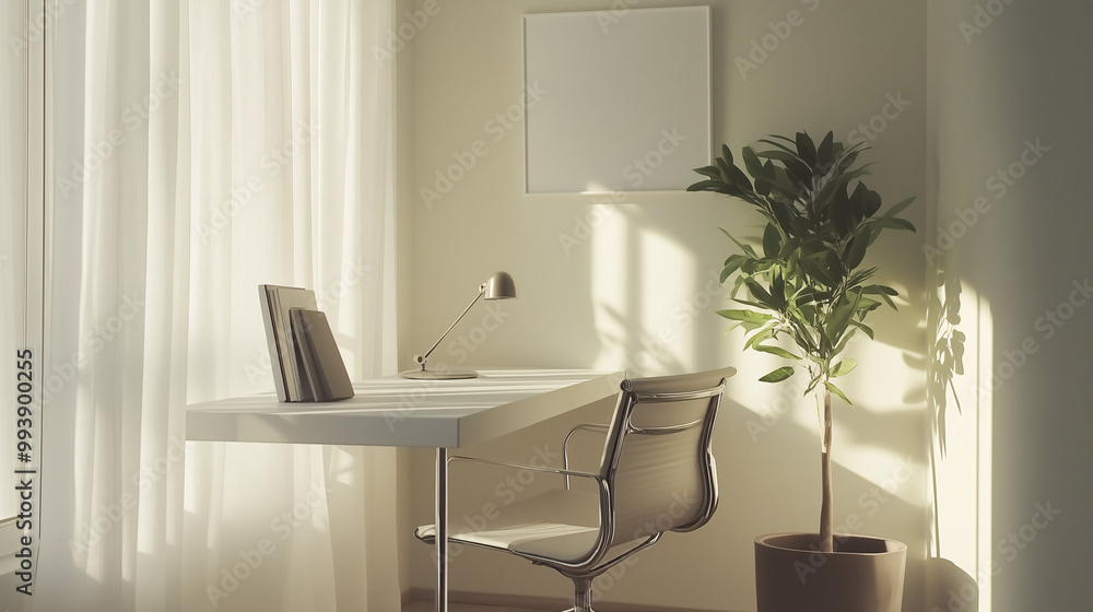 A minimalist home office with a sleek white desk and a simple wooden chair, set against a plain white wall. No items on the desk, creating an open and clean space A minimalist home office with a sleek white desk and a simple wooden chair, set against a plain white wall. No items on the desk, creating an open and clean space