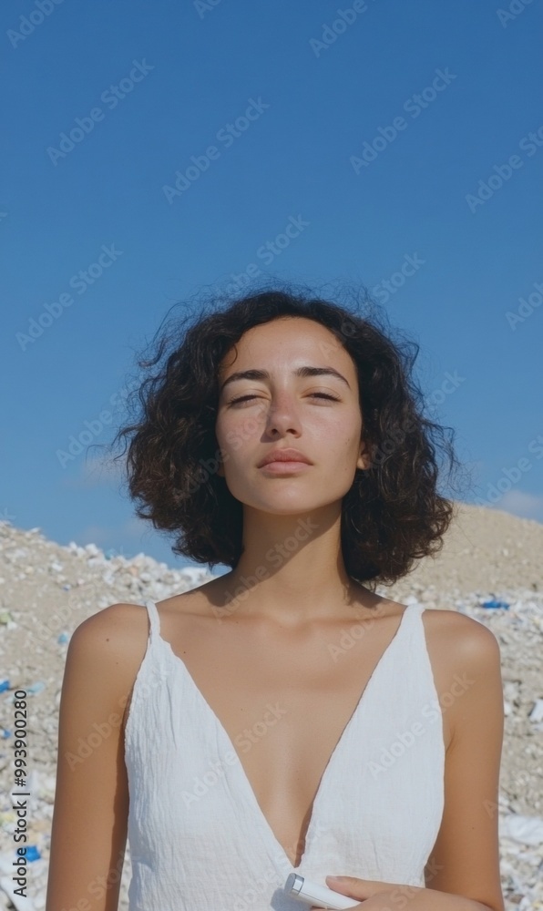 Confident Hispanic Female Environmental Activist Against Landfill Backdrop Under Clear Blue Sky Confident Hispanic Female Environmental Activist Against Landfill Backdrop Under Clear Blue Sky