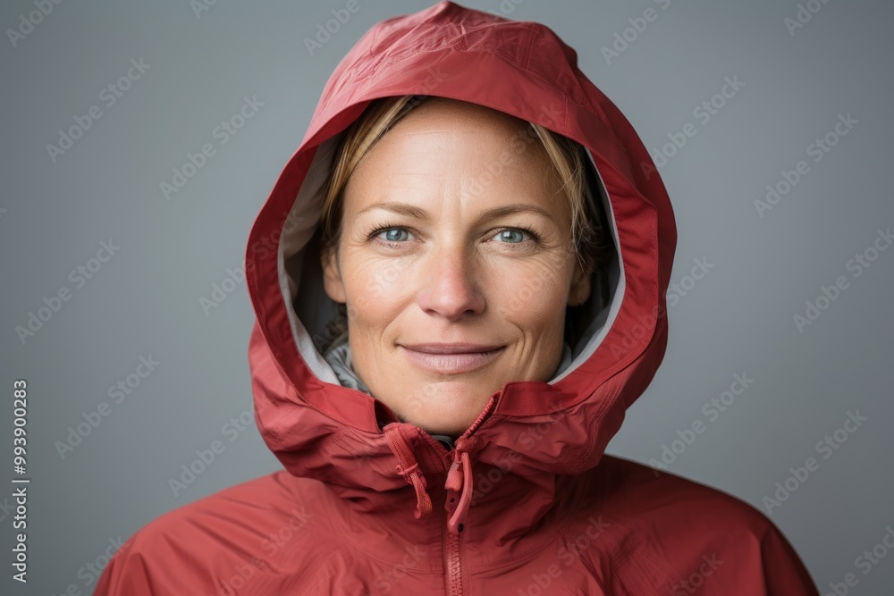 Portrait of a glad woman in her 40s wearing a windproof softshell in minimalist or empty room background Portrait of a glad woman in her 40s wearing a windproof softshell in minimalist or empty room background