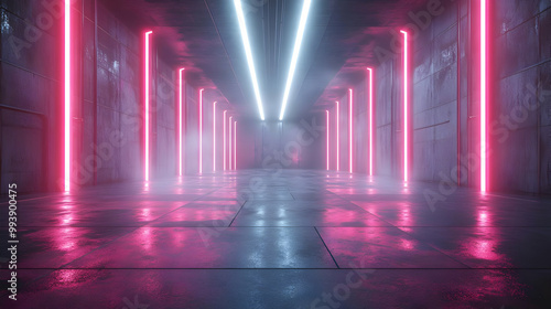 Neon Lights in a Concrete Corridor - 3D Illustration