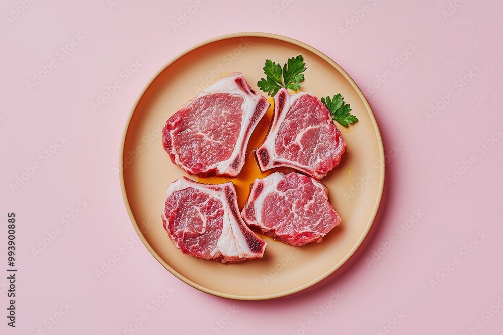 Raw Lamb Chops with Parsley on a Beige Plate Raw Lamb Chops with Parsley on a Beige Plate