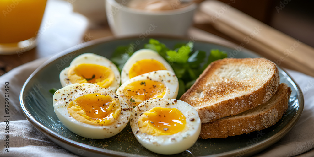 Perfectly Boiled Eggs on Toast on a Wooden Board Perfectly Boiled Eggs on Toast on a Wooden Board